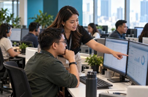A consultant reviewing a performance dashboard with a colleague