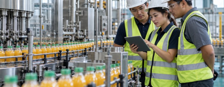 Three supervisors in safety vests reviewing a tablet beside a bottling line