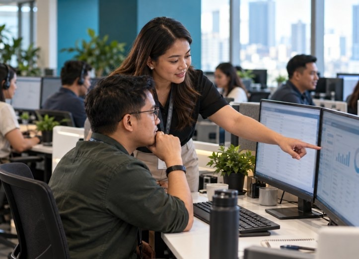 A coach pointing out performance data on a monitor to a colleague at his workstation