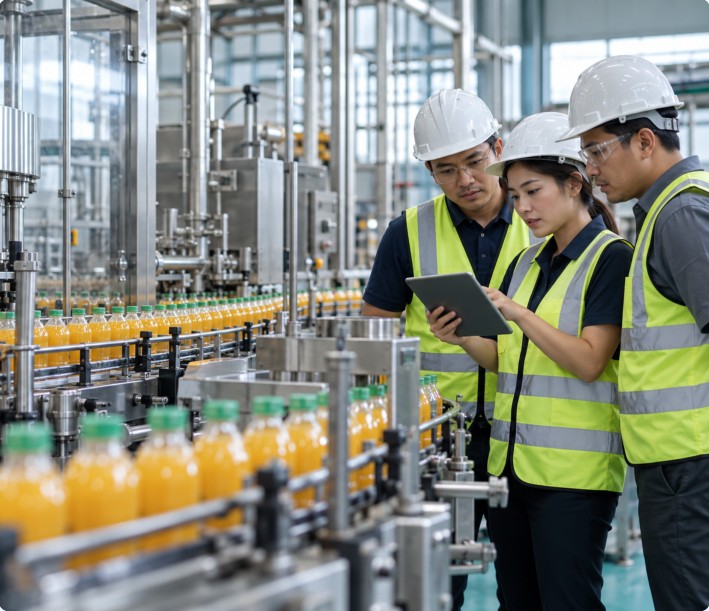 Consultants in safety vests reviewing a tablet beside a bottling line