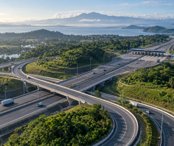 Highway interchange winding through green hills